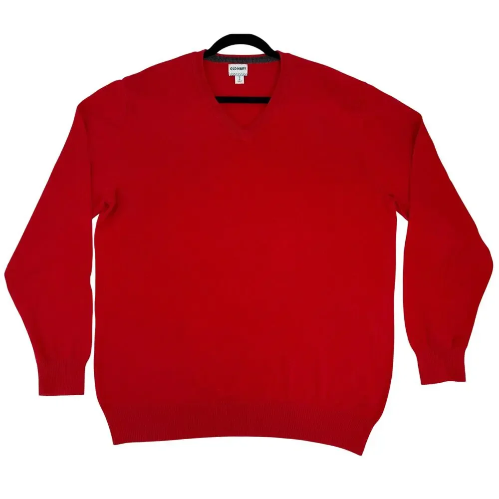 Old Navy Red V Neck Mens Cotton Long Sleeve Lightweight Pullover Sweater XL - Picture 2 of 6